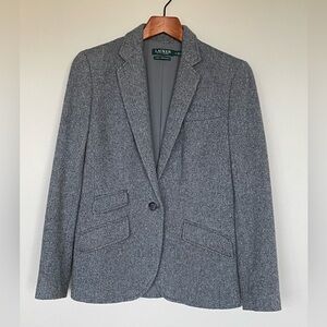 Lauren Ralph Lauren Wool Blend Herringbone Tweed Blazer Jacket in Gray, Size 8